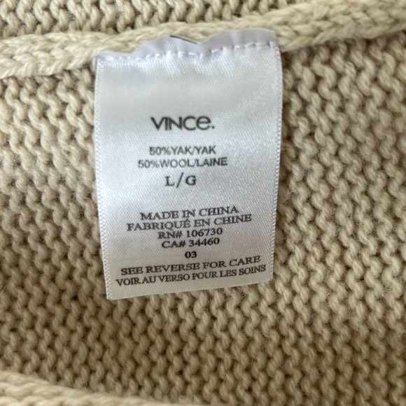 VINCE Ivory 50% Yak, 50% Wool Super Soft V Neck Sweater, Men's Large - Picture 5 of 11